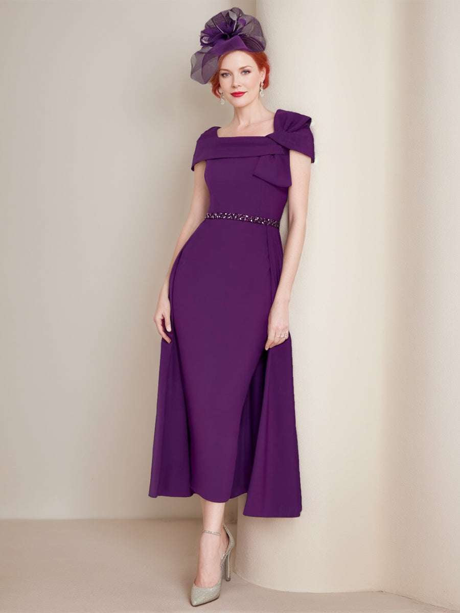 Square Neck Formal Mother of the Bride & Groom Sheath/Column Dresses with Bow and Belt-BMbridal