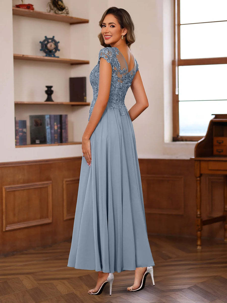 V-Neck A-Line Short Sleeve Ankle-Length Mother of the Bride Dress with Lace Appliques-BMbridal