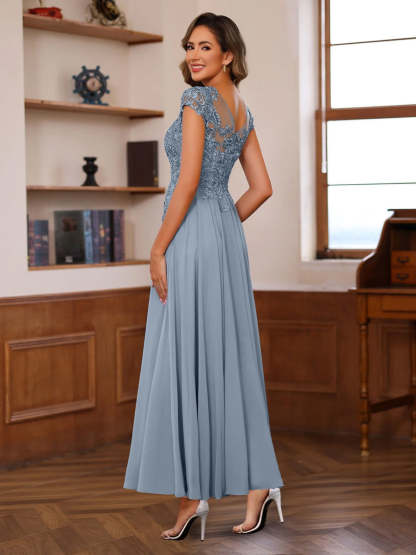 V-Neck A-Line Short Sleeve Ankle-Length Mother of the Bride Dress with Lace Appliques-BMbridal