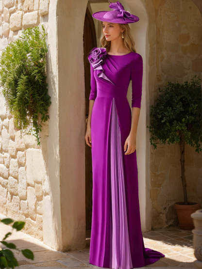 Elegant A-Line Princess Scoop Neck Mother of the Bride Dress with 3/4 Sleeves Ruffles & Flower
