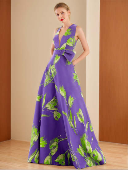 V-Neck Sleeveless Floral Printed A-Line/Princess Dress with Bow Belt for Mother of the Bride & Groom
