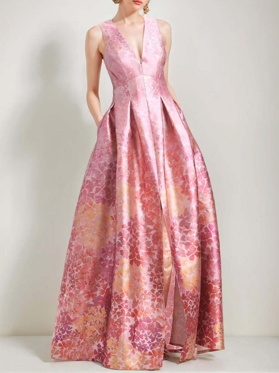 V-Neck Sleeveless Floral Printed A-Line/Princess Mother of the Bride & Groom Dress with High Split and Pocket-BMbridal