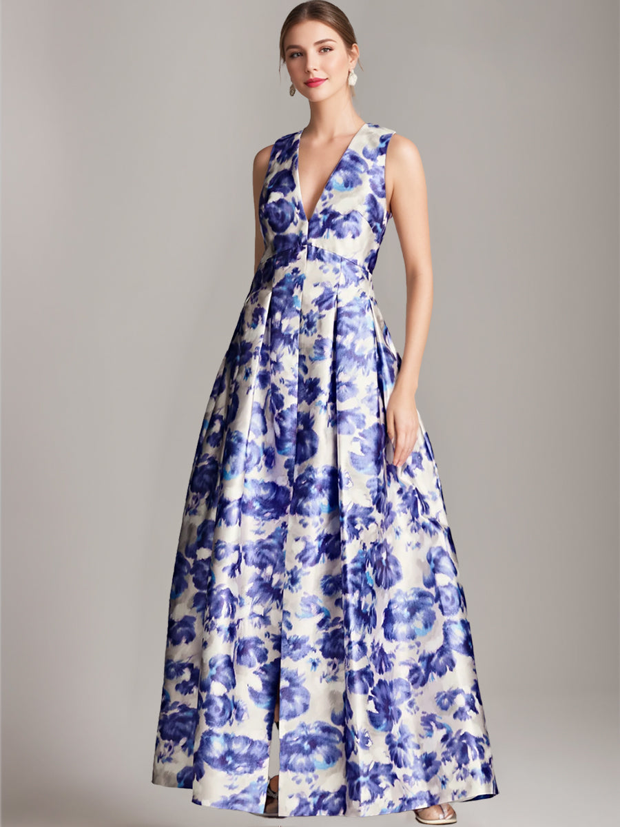Elegant Printed Floral Floor-Length A-Line Dress with V-Neck and High Split for Mothers of the Bride & Groom-BMbridal