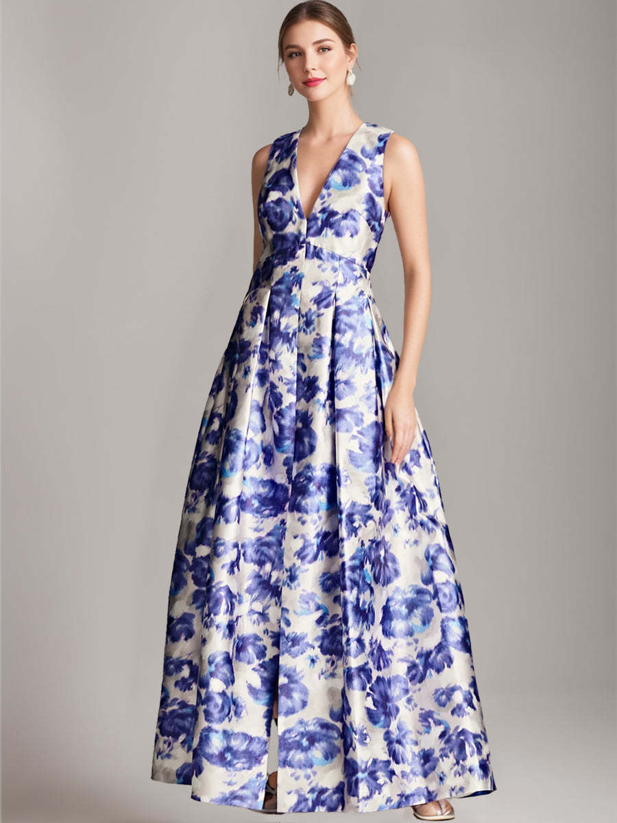 Elegant Printed Floral Floor-Length A-Line Dress with V-Neck and High Split for Mothers of the Bride & Groom-BMbridal