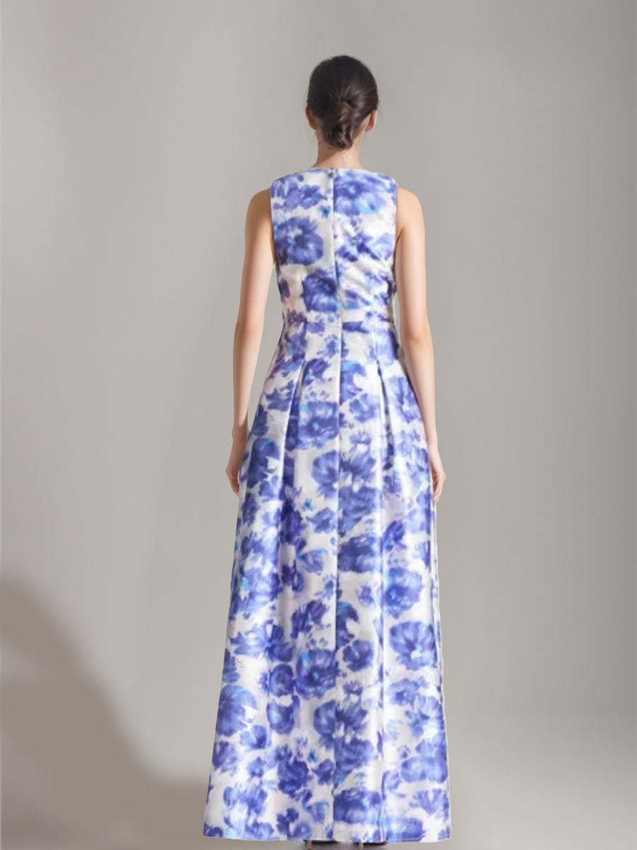 Elegant Printed Floral Floor-Length A-Line Dress with V-Neck and High Split for Mothers of the Bride & Groom-BMbridal