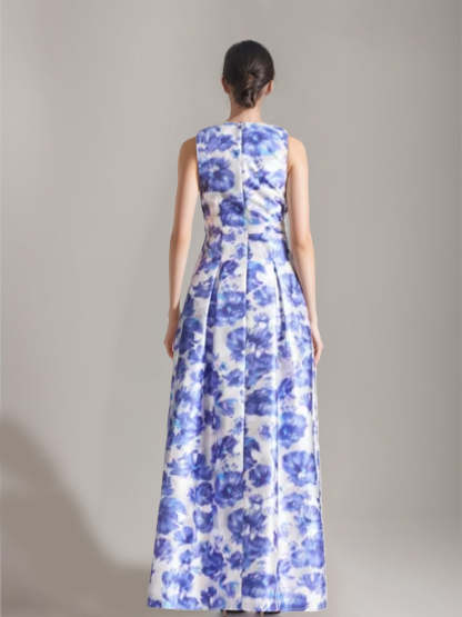 Elegant Printed Floral Floor-Length A-Line Dress with V-Neck and High Split for Mothers of the Bride & Groom-BMbridal