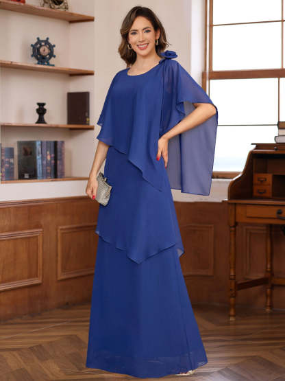 Short-Sleeve Floor-Length A-Line Princess Mother of the Bride Dress with Ruffles and Flowers