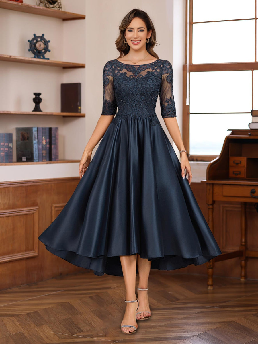 Asymmetrical A-Line Princess Gown with Scoop Neck Half Sleeves and Lace Appliques for Mothers of the Bride & Groom