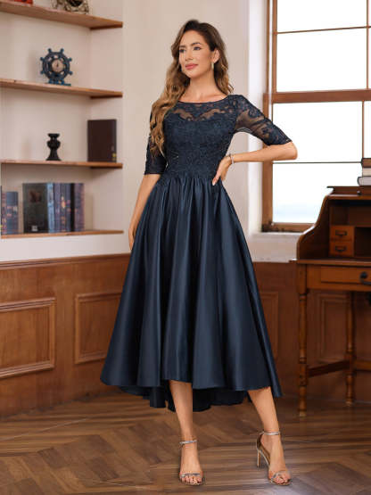 Asymmetrical A-Line Princess Gown with Scoop Neck Half Sleeves and Lace Appliques for Mothers of the Bride & Groom