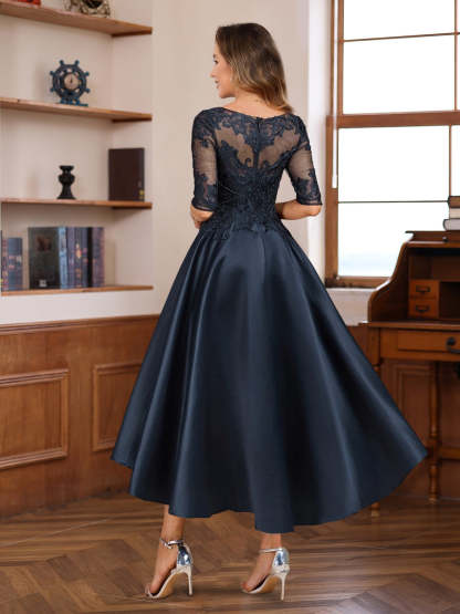Asymmetrical A-Line Princess Gown with Scoop Neck Half Sleeves and Lace Appliques for Mothers of the Bride & Groom