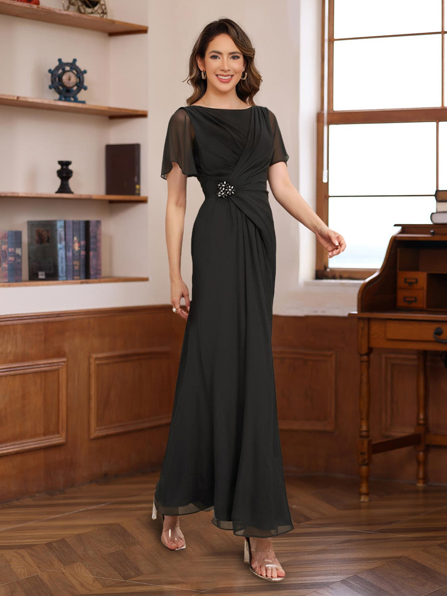 Pleated A-Line Mother of the Bride & Groom Dress with Scoop Neck Half Sleeves and Beadings