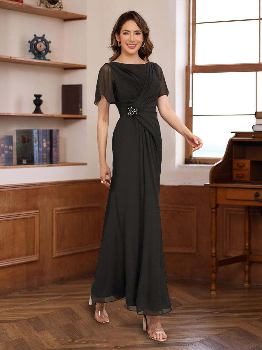 Pleated A-Line Mother of the Bride & Groom Dress with Scoop Neck Half Sleeves and Beadings