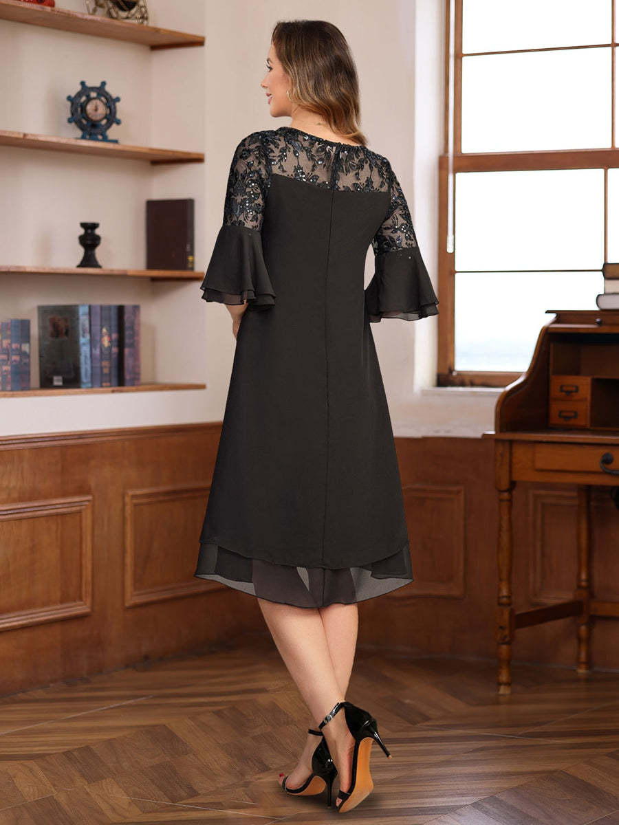 Knee-length A-line Princess Dress with Round Neck Half Sleeves Lace Appliques and Ruffles for Mothers of the Bride & Groom