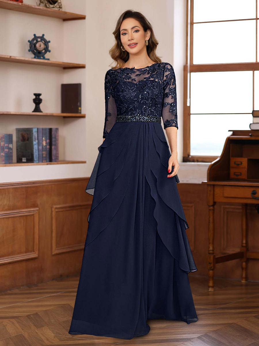 Elegant Floor-Length A-Line/Princess Mother of the Bride & Groom Dresses with 3/4 Sleeves Lace Appliques and Ruffles
