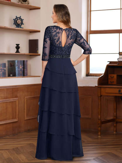 Elegant Floor-Length A-Line/Princess Mother of the Bride & Groom Dresses with 3/4 Sleeves Lace Appliques and Ruffles
