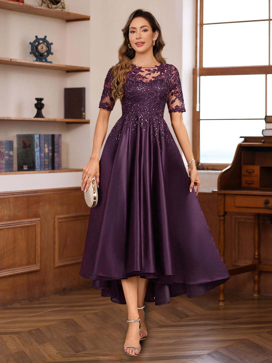 Elegant A-Line Princess Round Neck Short Sleeve Asymmetrical Mother of the Bride & Groom Dress with Lace Appliques
