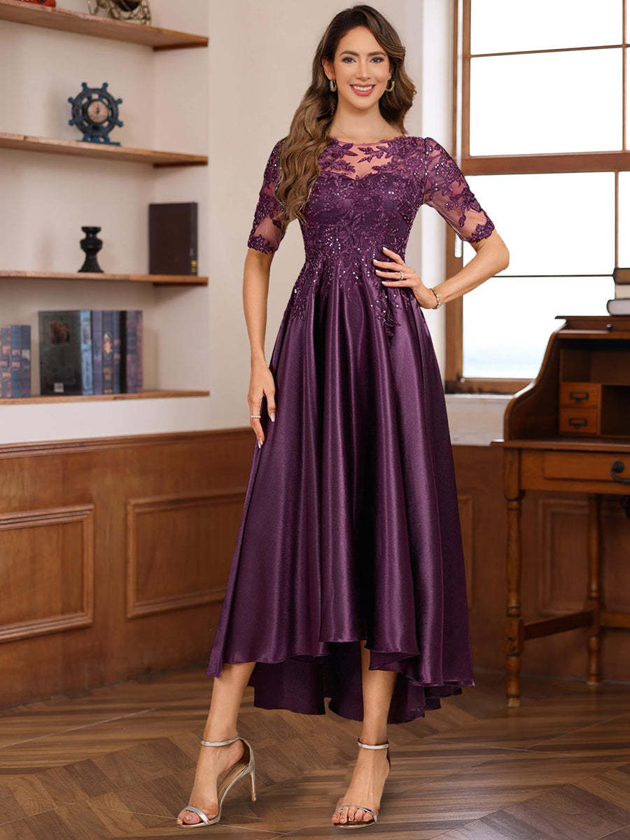 Elegant A-Line Princess Round Neck Short Sleeve Asymmetrical Mother of the Bride & Groom Dress with Lace Appliques