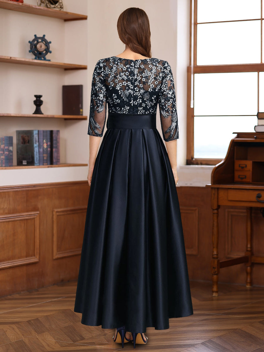 Asymmetrical Lace A-Line Dress with 3/4 Sleeves Appliques & Bow Belt for Mother of the Bride or Groom