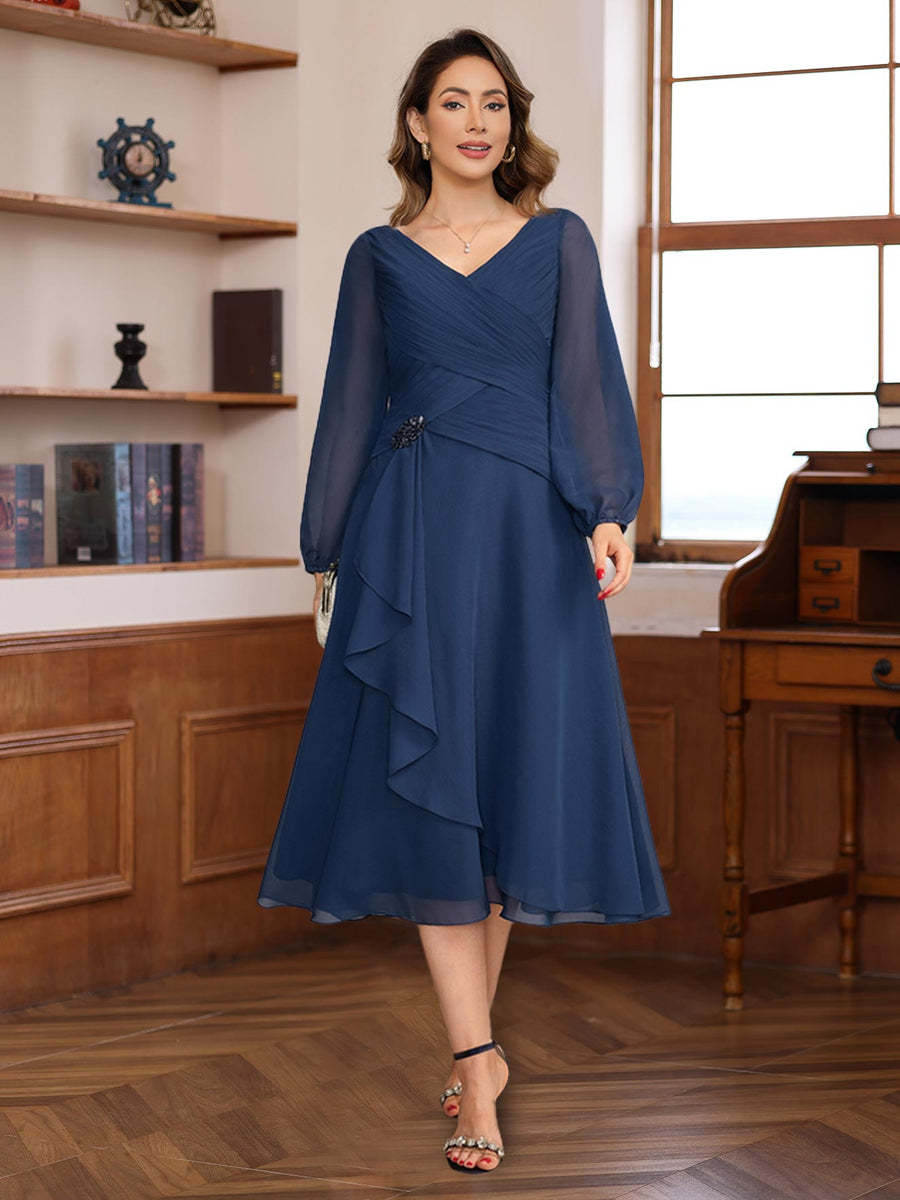 V-Neck A-Line Tea-Length Dress with Long Sleeves Pleats and Appliques for Mothers of the Bride & Groom