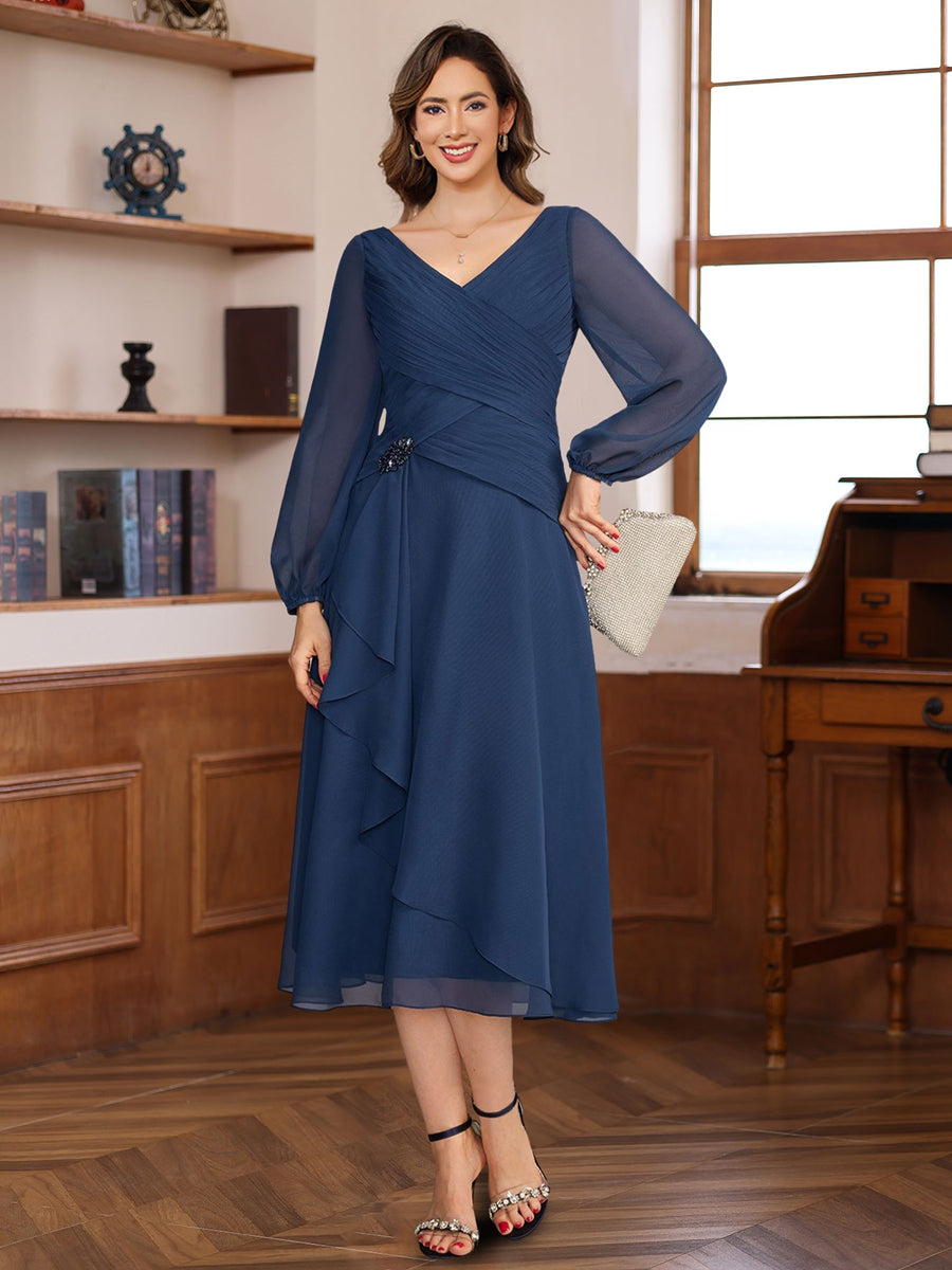 V-Neck A-Line Tea-Length Dress with Long Sleeves Pleats and Appliques for Mothers of the Bride & Groom