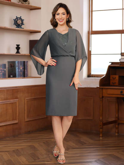V-Neck Half-Sleeve Knee-Length Sheath/Column Dress with Sequins for Mothers