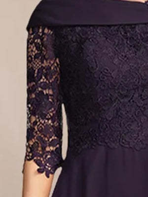 V-Neck A-Line Princess Tea-Length Dress with Half Sleeves and Lace Appliques for Mothers