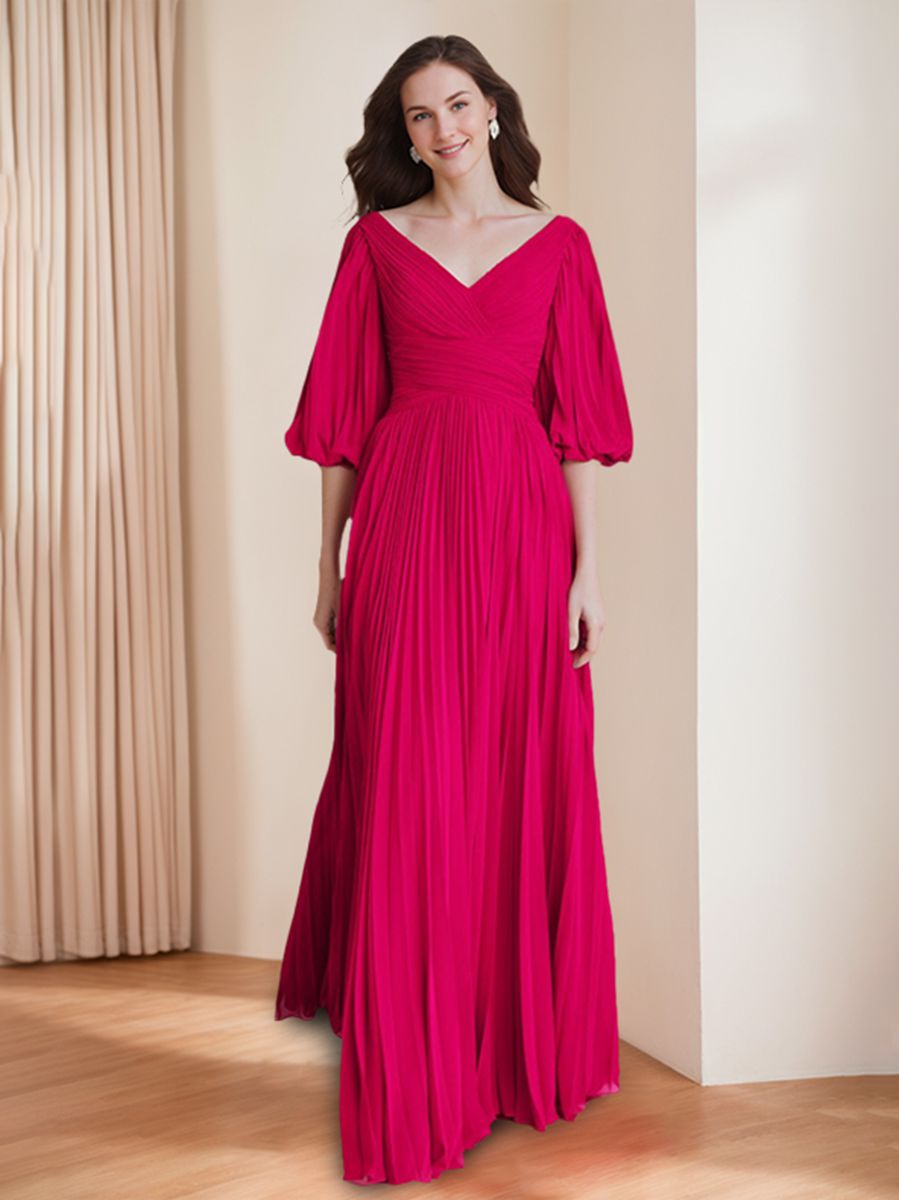 V-neck A-Line Princess Floor-Length Mother of the Bride Dress with 3/4 Sleeves and Ruffles