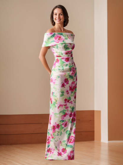 Off-the-Shoulder Floor-Length Floral Printed Sheath/Column Mother of the Bride Dresses with Ruches