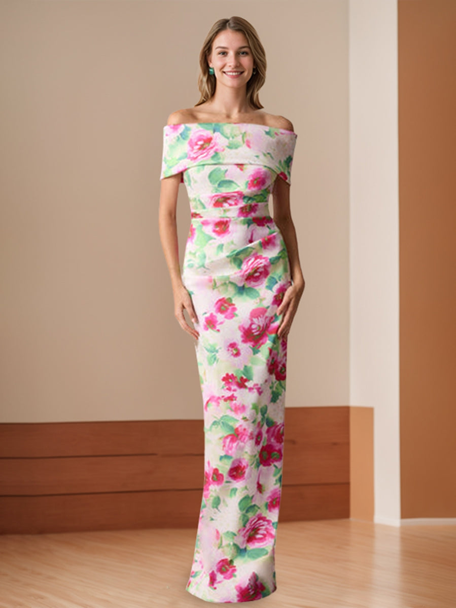 Off-the-Shoulder Floor-Length Floral Printed Sheath/Column Mother of the Bride Dresses with Ruches
