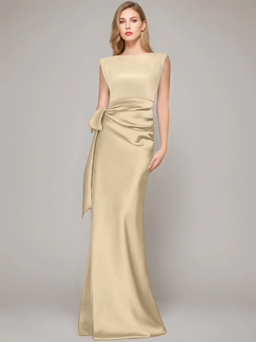 Floor-Length Sleeveless Mother of the Bride Dress with Bow and Shoulder Pad-BMbridal