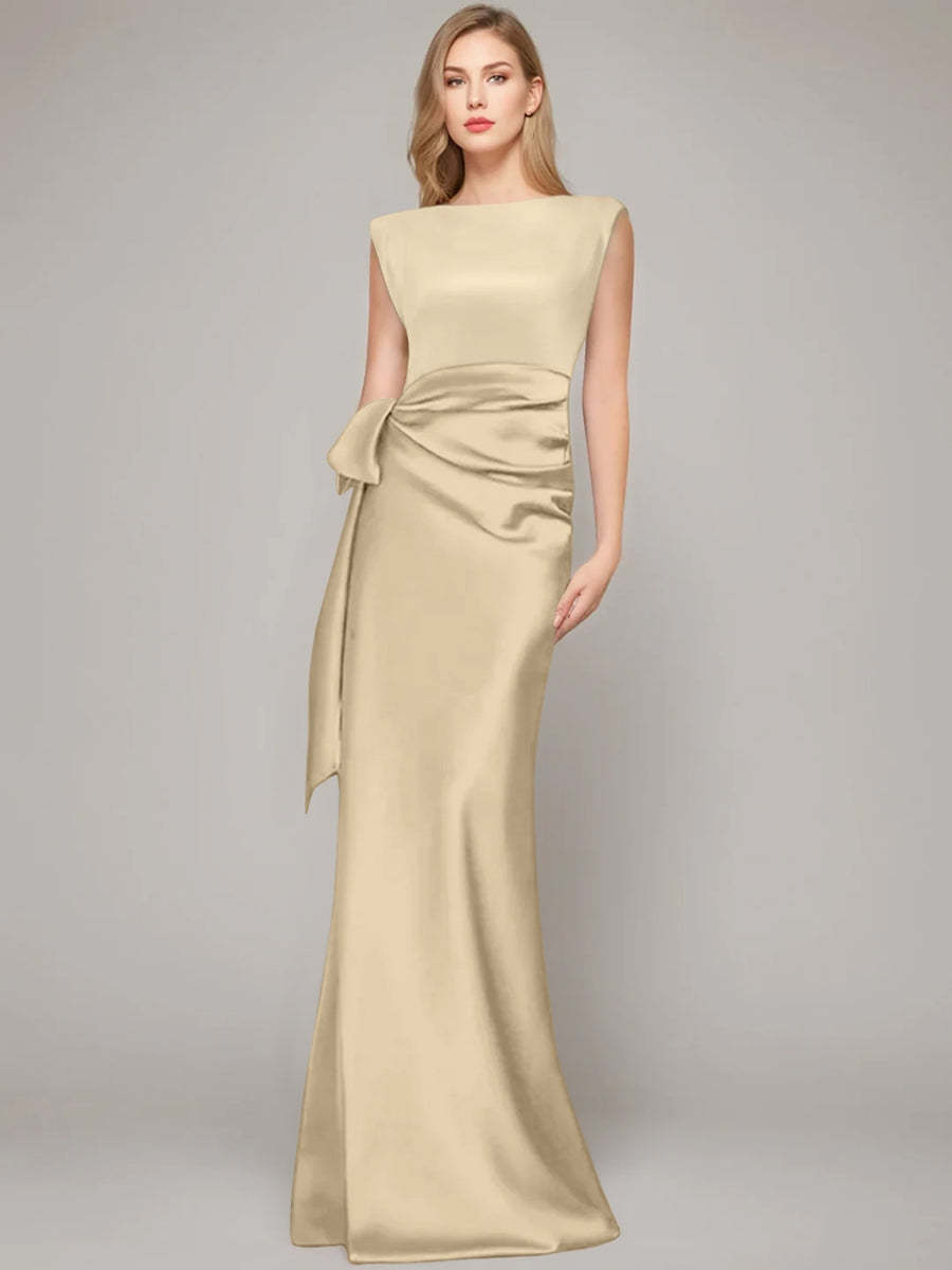 Floor-Length Sleeveless Mother of the Bride Dress with Bow and Shoulder Pad-BMbridal