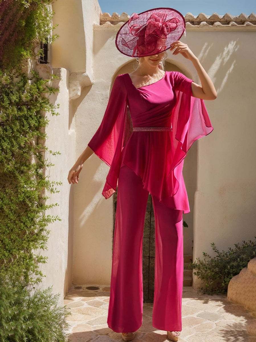 Chiffon Jumpsuit for Mothers with Scoop Neck Long Sleeves and Belt