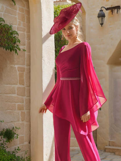 Chiffon Jumpsuit for Mothers with Scoop Neck Long Sleeves and Belt