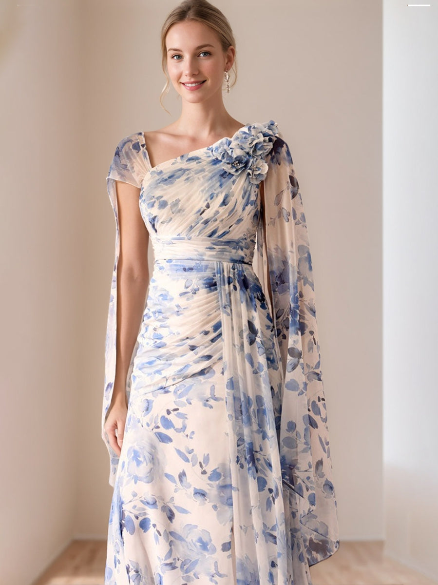 Pleated Floral Printed V-Neck A-Line/Princess Mother of the Bride Dress with Ruffles & 3D Flowers