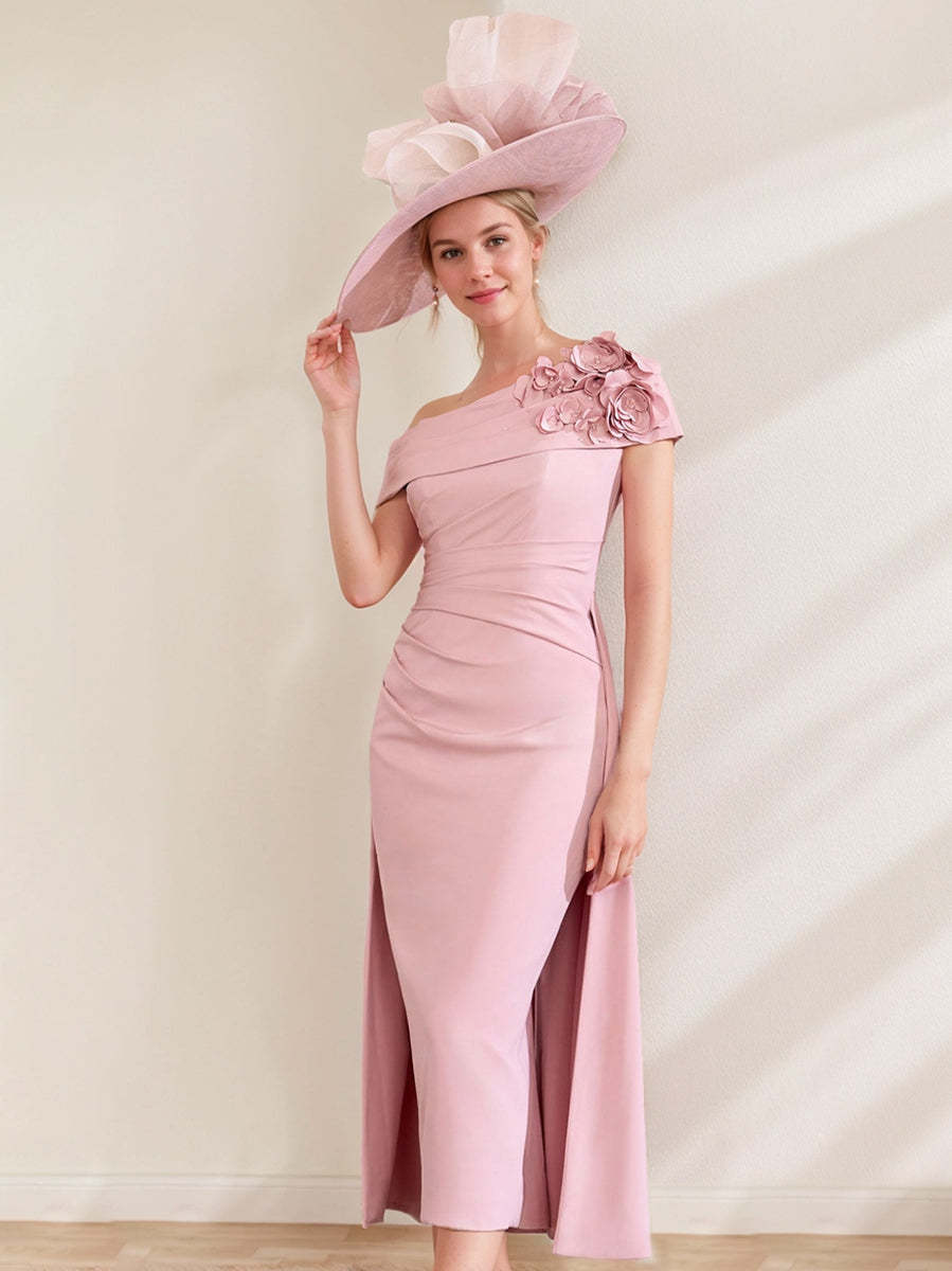 Off-the-Shoulder Pleated Tea-Length Mother of the Bride Dresses with 3D Flower in Sheath/Column Style
