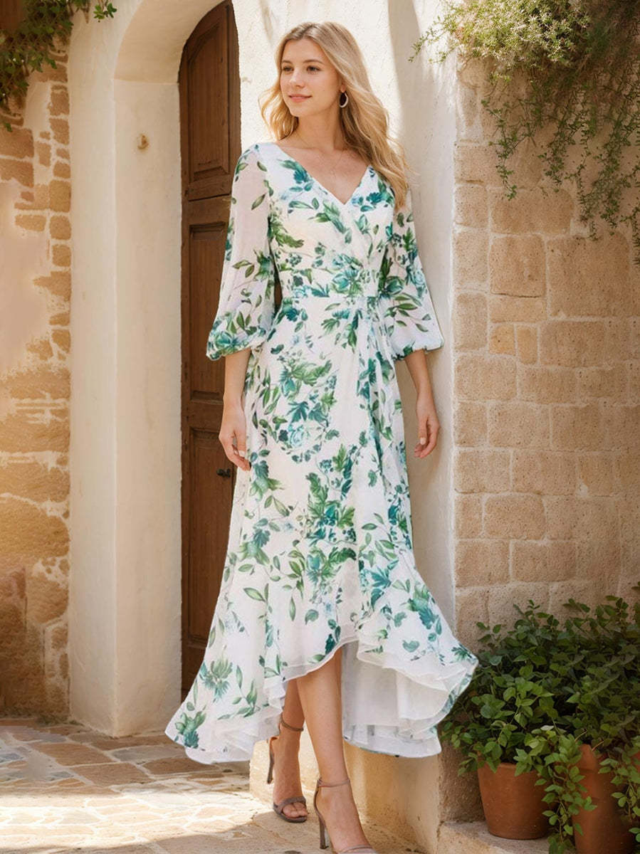 Elegant Floral Printed Mother of the Bride Dress with V-Neck and 3/4 Asymmetrical Sleeves