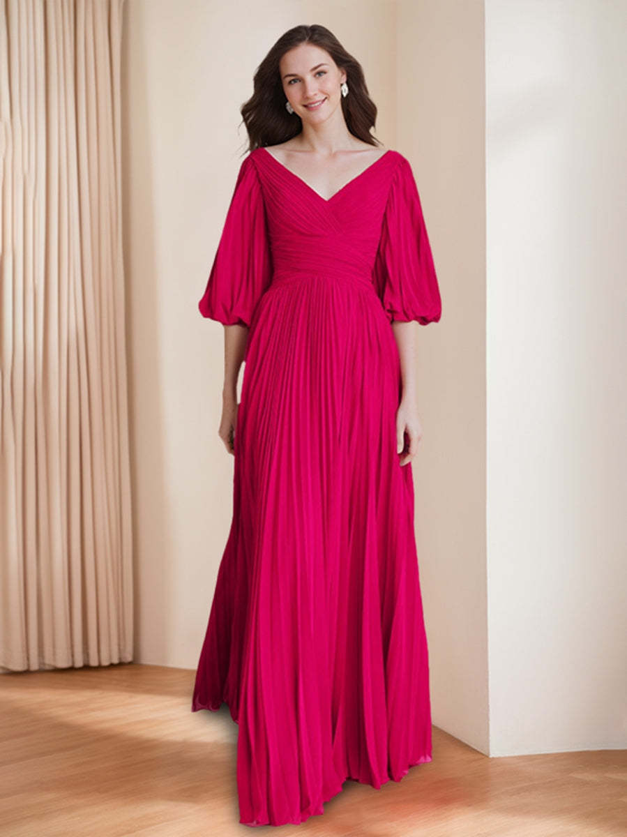 Chic V-Neck A-Line Princess Dress with 3/4 Sleeves and Pleated Chiffon for Mothers of the Bride & Groom