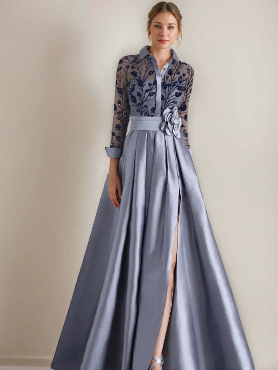 Princess A-Line Floor-Length Mother of the Bride Dresses with Shirt Collar Long Sleeves Appliques & Flower Belt