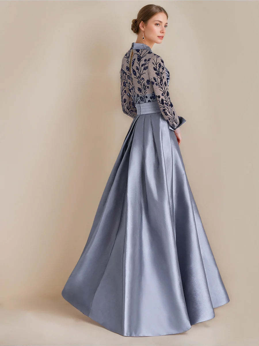 Princess A-Line Floor-Length Mother of the Bride Dresses with Shirt Collar Long Sleeves Appliques & Flower Belt