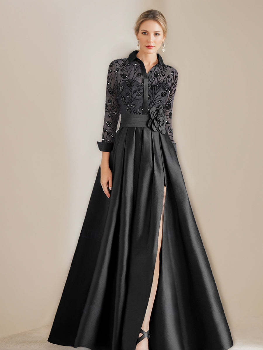 Princess A-Line Floor-Length Mother of the Bride Dresses with Shirt Collar Long Sleeves Appliques & Flower Belt