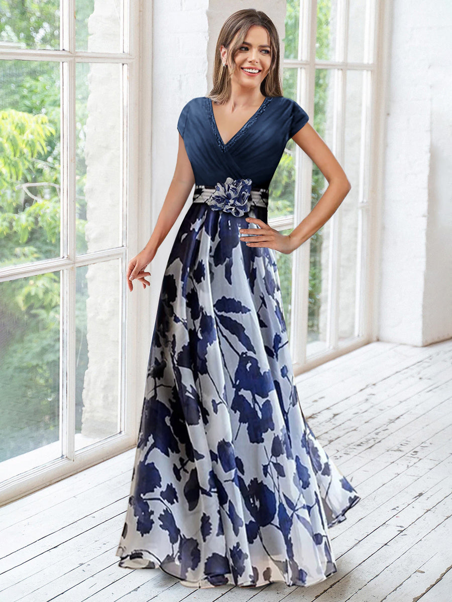 V-Neck Princess A-Line Short Sleeve Mother of the Bride Dress With Floral Ruches-BMbridal