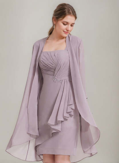 Square Neckline 3/4 Sleeve Knee-Length Sheath/Column Mother of the Bride Dress with Jacket Ruffles Pleats and Beads