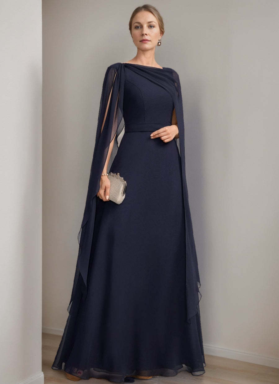 Princess A-Line Floor-Length Mother of the Bride Dress with Cape Sleeves Bow and Ruffles
