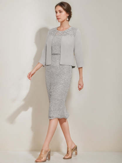 Tea-Length Mother of the Bride Sheath/Column Dress with Jacket & Crystals