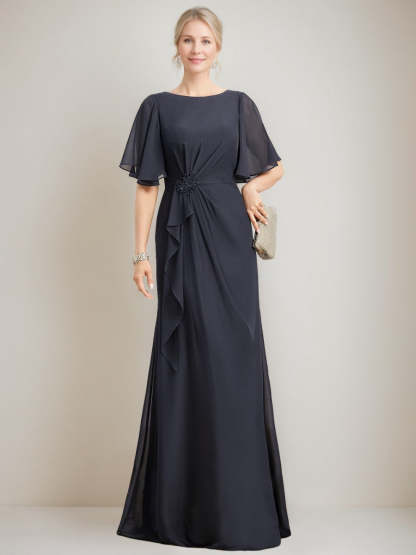 Princess A-line Jewel Neck Floor-Length Mother of the Bride Dress with Ruffles Crystals and Beads