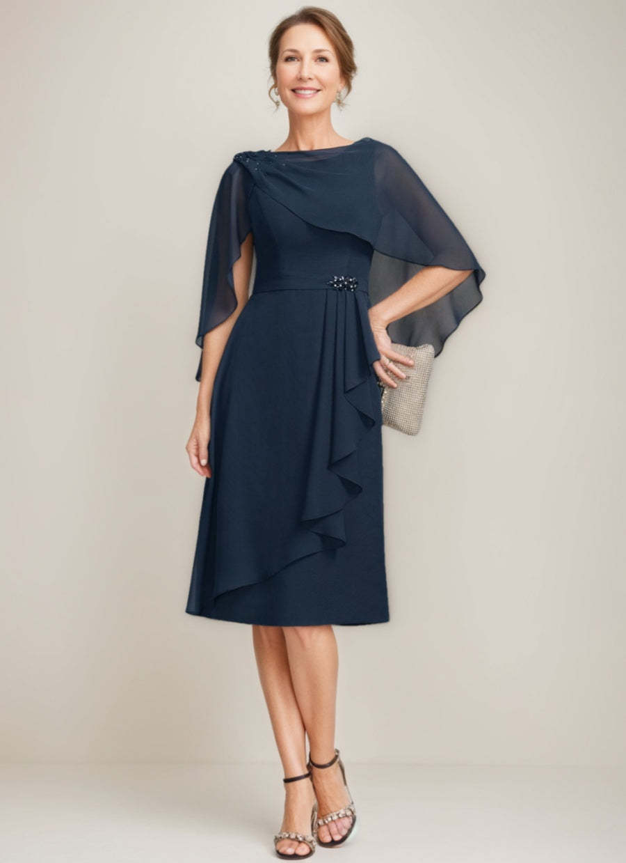 Tea-Length Mother of the Bride Sheath Dress with Detachable Beaded Cape and Ruffles