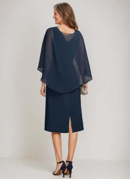 Tea-Length Mother of the Bride Sheath Dress with Detachable Beaded Cape and Ruffles