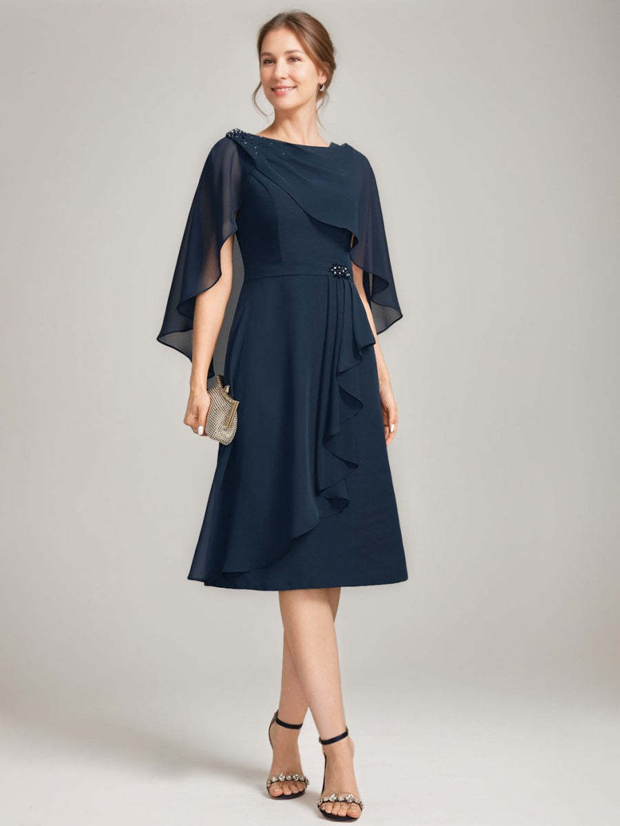 Tea-Length Mother of the Bride Sheath Dress with Detachable Beaded Cape and Ruffles
