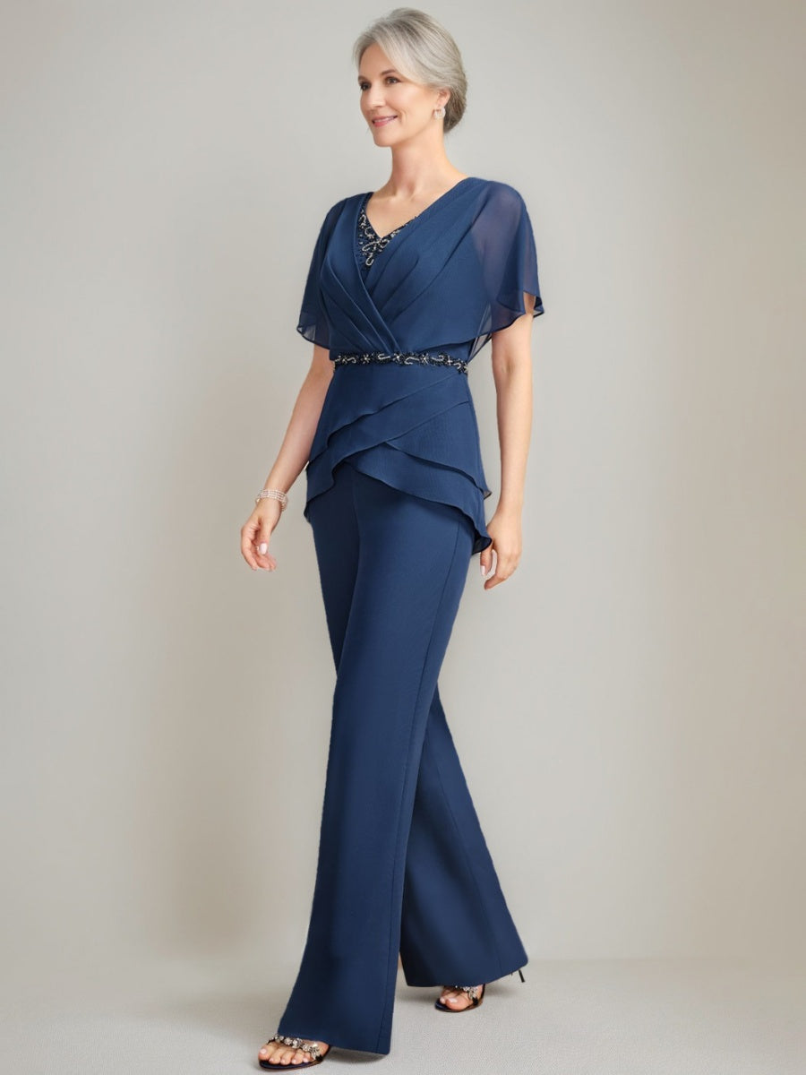 2 Mother of the Bride Pantsuits with V-Neck Ruched Detail Flutter Sleeves and Floor-Length Beading
