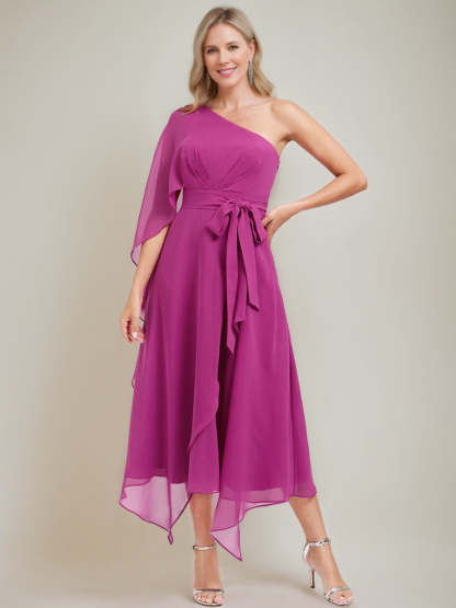 One-Shoulder A-Line Princess Dress with Asymmetrical Ruched Detail and Bow Sash for the Mother of the Bride